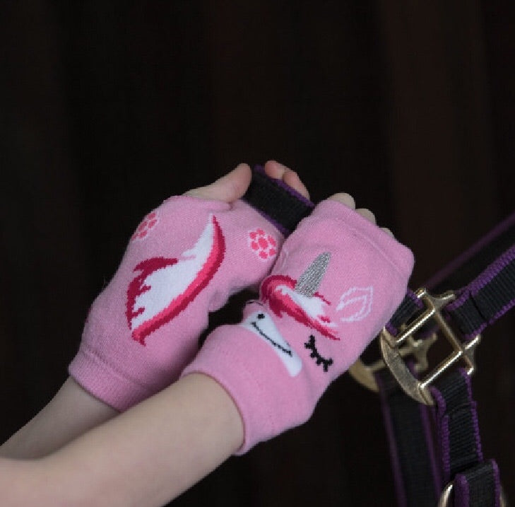 Hand knit unicorn fingerless gloves